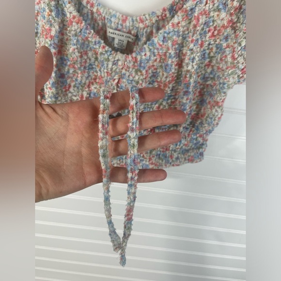 American Eagle Floral Puff Sleeve Keyhole Tie Front Crop Top Small Womens GUC - Picture 3 of 9